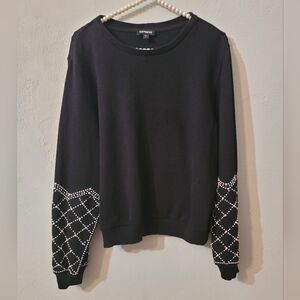 Express Black Crewneck Sweater with Studded Pearl Sleeves Large Cotton Blend!